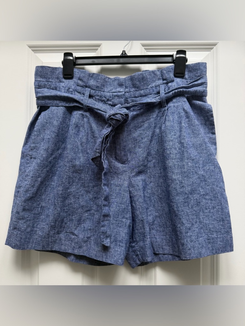 BODEN ST IVES PAPERBAG WAIST CHAMBRAY SHORTS LINEN BLEND POCKETS BELT BLUE 12